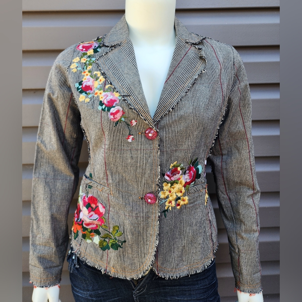 ENTITY Womens Tweed Floral Embroidered Blazer Jacket Frayed Boho Size XL